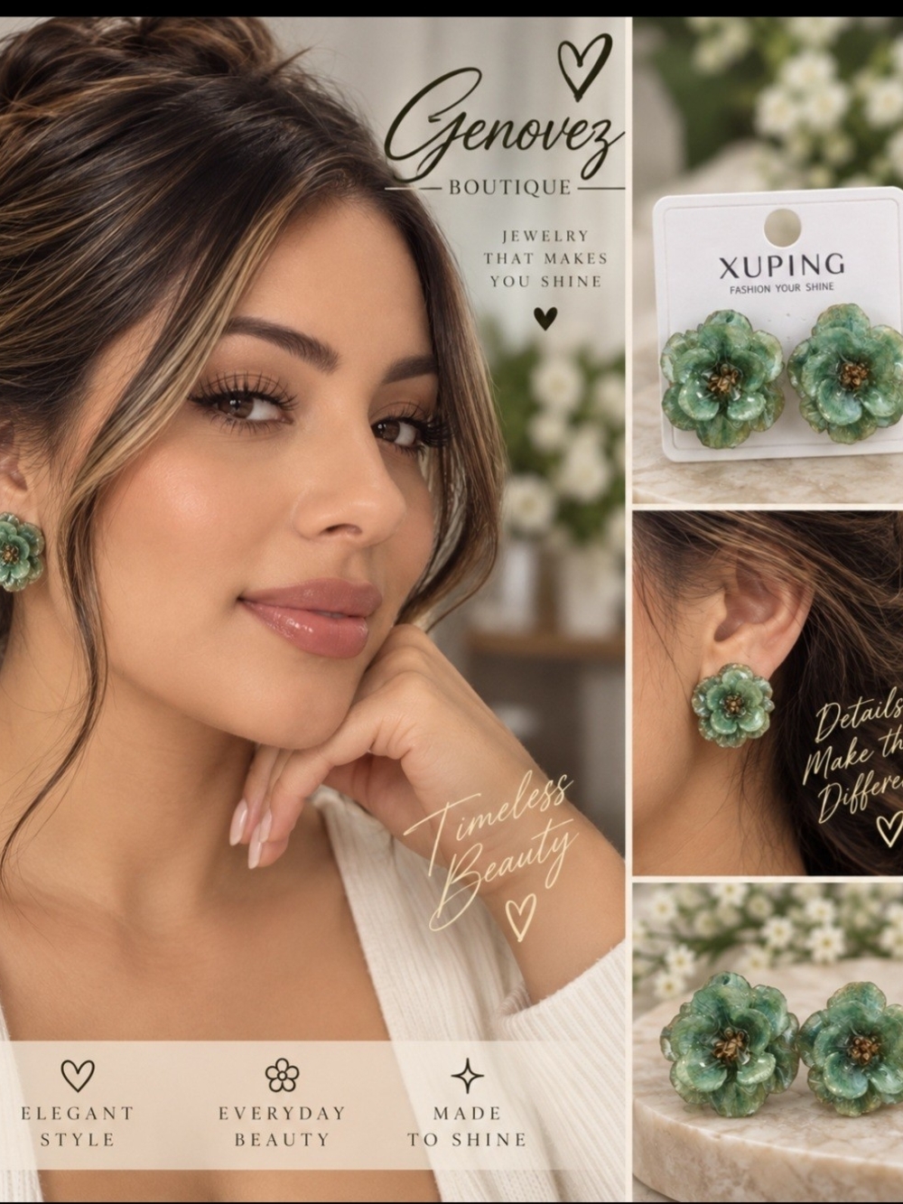 Green Flower Stud Earrings with Gold Center